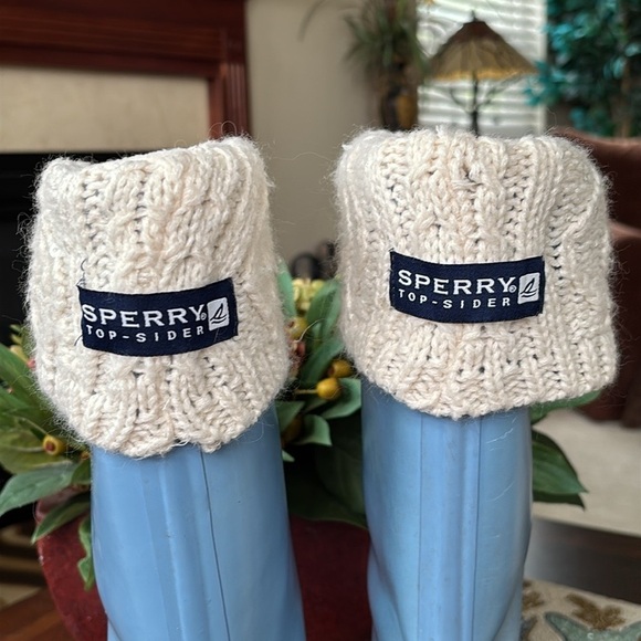Sperry Vintage Blue Tall Rubber Boots Waterproof w/ Cream Knit Sequin Boot Socks - Picture 8 of 16